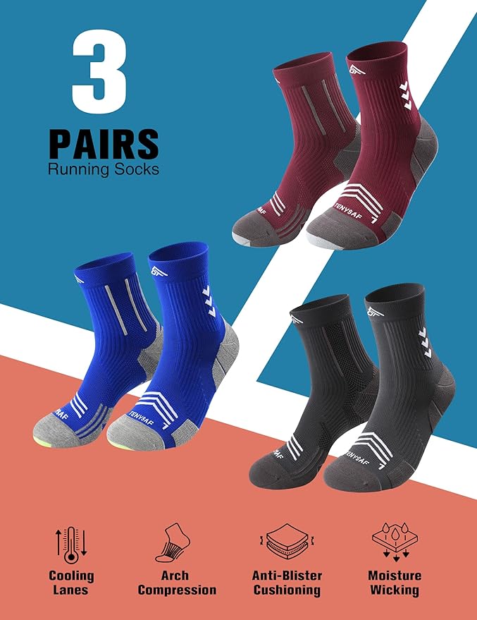 Compression Sport Running Socks: Athletic Crew Socks for Men Women Cycling Hiking Basketball Work,3 Pairs