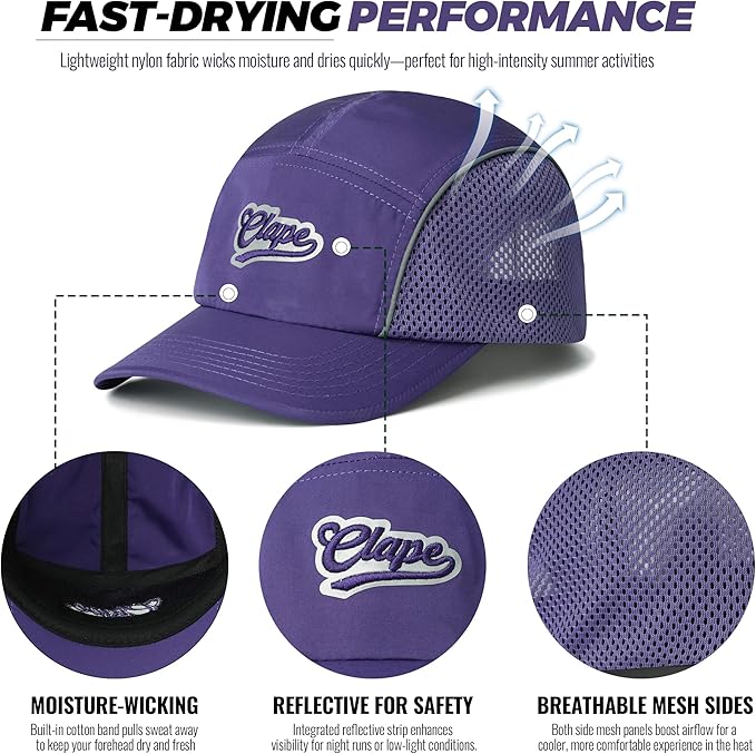CLAPE Quick Dry 5 Panel Hat for Men, Breathable Mesh Short Brim Baseball Cap, Reflective Ajustable Outdoor Sport Running Hat