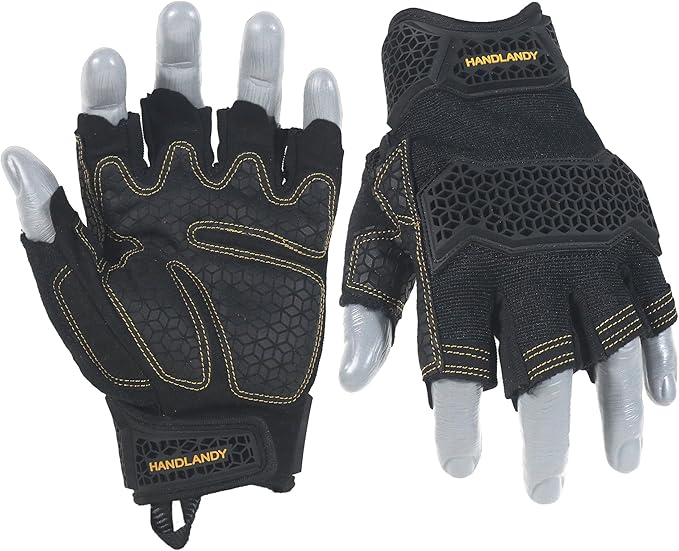 HANDLANDY Fingerless Work Gloves for Men, Padded Impact Tactical Mechanics Gloves, Grip Utility Trucker Driver Gloves (Black- impact, Medium (Pack of 1))