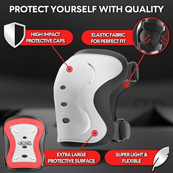 SKATEWIZ Skating Protective Gear Adults & Kids [6pc] incl. Knee Pads, Elbow Pads Wrist Guards for Roller Skating & Skateboarding