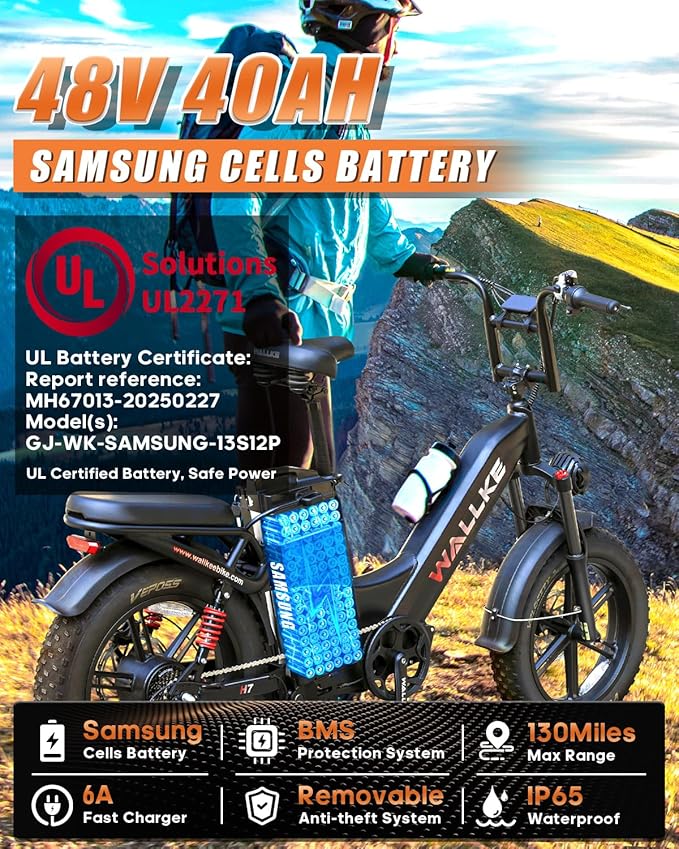 W Wallke H7 AWD Dual Motor Electric Bike for Adult, 48V 60Ah/40Ah Removable Battery, Long Range 32-34MPH Fast Ebike, 20" Fat Tire Mountain Offroad All Terrain Full Suspension E-Bicycle, UL2849 List