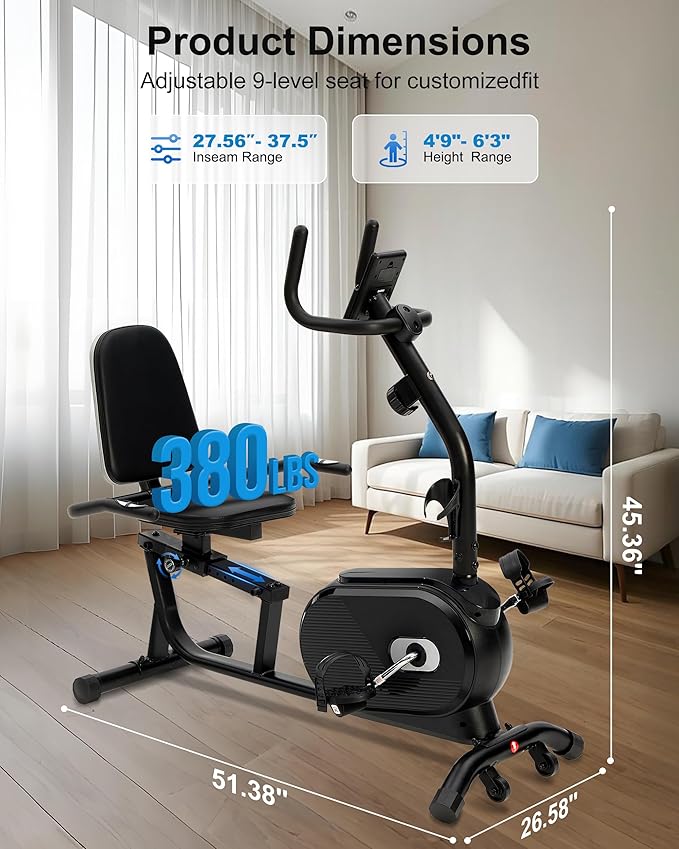 ECHANFIT Recumbent Exercise Bike for Home - 380LBS Weight Capacity, Exercise Bike with Smart Workout APP, 16-Level Magnetic Resistance, Backlit Display, Comfortable Seat