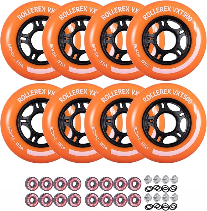 Rollerex VXT500 Inline Skate Wheels (8 Wheels w/Bearings, spacers and washers) (Various Size & Color Options Available) - for Indoor, Outdoor, Hockey - Intended for Roller Blade Wheel Replacement