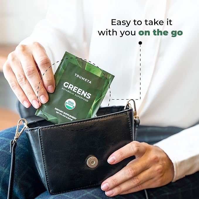 Greens Powder Travel Packs - 14 Servings for Memory, Digestion I Best Taste Super Greens Powder with Organic Spirulina, Goji, Beetroot, Pomegranate I Vegan, Non-GMO