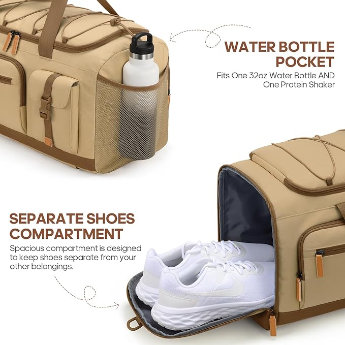 Gym Bag for Men and Women with Shoe & Laptop Compartment, 3-in-1 Sports Travel Duffel Bag Anti-Theft Weekender Carry-On Backpack for Airplane & Workout, Overnight Travel Bag,35L (Khaki, Medium)