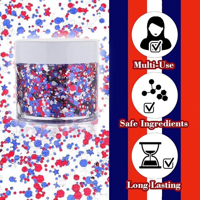 Red White Blue USA Patriotic Face Glitter,4th of July Accessories Hair Glitter for Kids,Blue Body Glitter Face Paint,Fourth of July Outfits for Women,Festival Party Celebrations Makeup