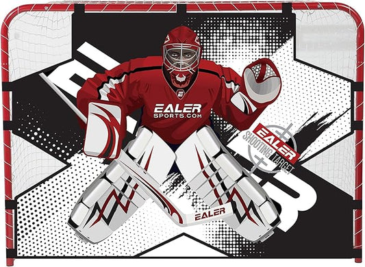 EALER Hockey Goal with Shooting Targets –54"×44" Portable Street & Ice Goal, Heavy-Duty 1″ Steel Frame, 5 Target Holes, Tear-Proof Fabric, Official Size, Easy Backyard Assembly