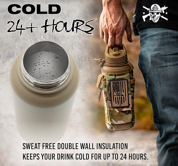 Iron Infidel Battle Bottle - 32 Oz Insulated Water Bottle with Straw Lid & Chug Cap, Stainless Steel Metal Tactical Flask With Rugged, Removable Sleeve for Keys & Phone or Wallet (OCP Camo 1 Liter)