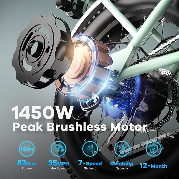 Electric Bike for Adults, 20"x 4" Fat Tire 35MPH Ebike, 1450W Peak Mountain Bike with 48V 20AH Removable 960WH Battery, 80 Miles Max Range Hydraulic/Mechanical Disc Brake 7-Speed Electric Bicycle