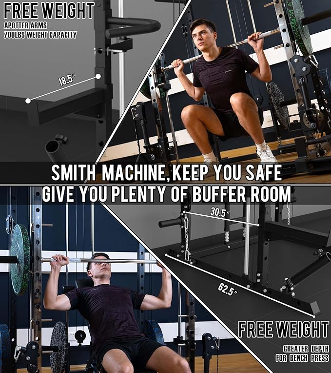 Eonfit E3 Smith Machine with 360°Rotating Arm for Home Gym Equipment, Multi-Function Power Cage Squat Rack with Cable Crossover LAT Pulldown Pulley System All in One