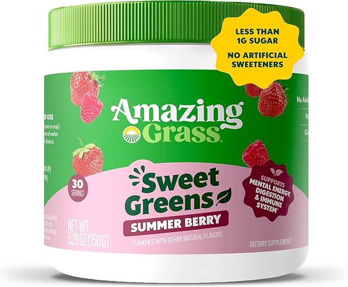 Amazing Grass Sweet Greens and Superfoods Powder for Digestive Health, Greens Powder, Digestive Enzymes, Probiotics, Spirulina, Chlorella, Summer Berry, 30 Servings