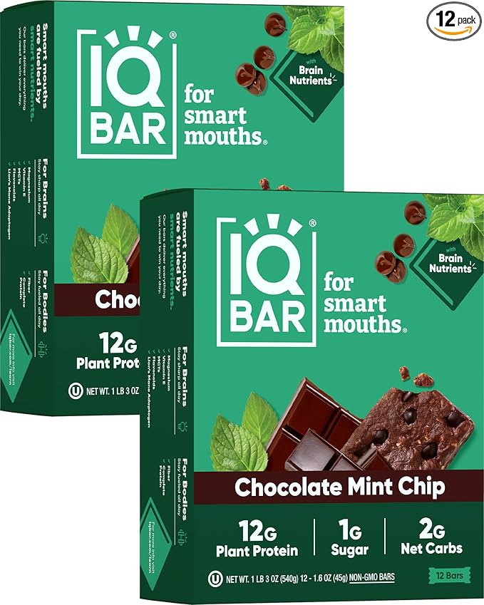 IQBAR Brain and Body Plant Protein Bars - Chocolate Mint Chip - 24-Count Low Carb - Gluten Free, High Fiber, Vegan Snacks - Low Sugar Meal Replacement
