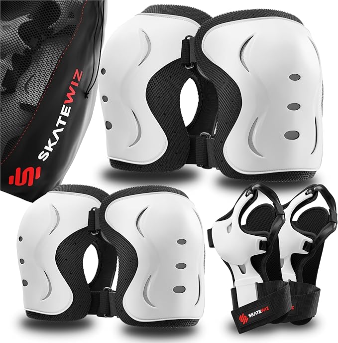SKATEWIZ Skating Protective Gear Adults & Kids [6pc] incl. Knee Pads, Elbow Pads Wrist Guards for Roller Skating & Skateboarding