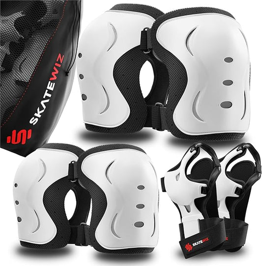 SKATEWIZ Skating Protective Gear Adults & Kids [6pc] incl. Knee Pads, Elbow Pads Wrist Guards for Roller Skating & Skateboarding