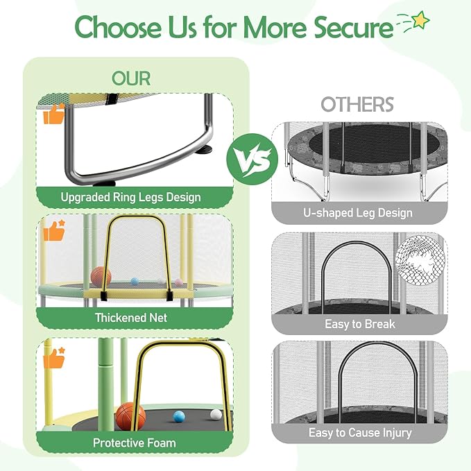 Kids Trampoline with Safety Net – 440lbs Capacity, Upgraded Rust-Proof Ring Legs, Adjustable Gymnastics Bar & Toys – Indoor Outdoor Toddler Trampoline for Boys & Girls Ages 1-8