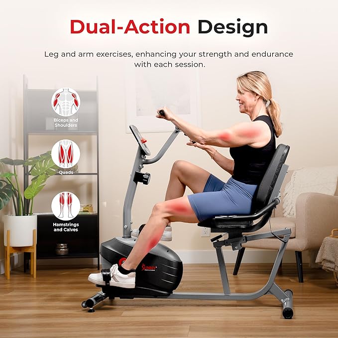 Sunny Health & Fitness Smart Indoor Recumbent Bike Trainer, Home Full Body Workout & Cardio Cycling Machine for Seniors, Free SunnyFit Bluetooth Connect, Optional Arm Exerciser Hand Cycle & Bands