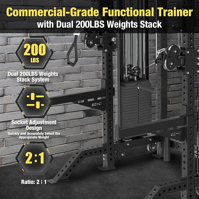 Commercial Cable Crossover Exercise Machine All in One Functional Trainer Cable Machine with 400LBS Weight Stacks Power Cage Squat Rack with Pulley System Compact Functional Trainer for Home Gyms