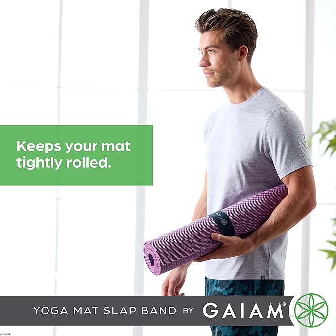 Gaiam Yoga Mat Strap Slap Band - Keeps Your Mat Tightly Rolled and Secure with One Snap - Strong Clasp for Yoga Mat Storage and Travel - Fits Most Size Mats (20"L x 1.5"W), Black