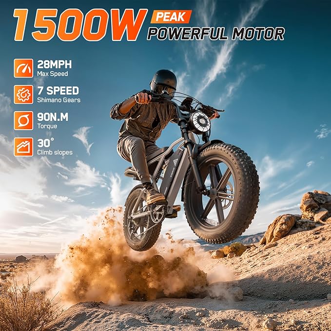TST Electric Bike for Adults, 1500W Peak Brushless Motor 28 MPH 60 Miles/110 Miles Fat Tire E Bike with 48V 15Ah/ 25Ah Removable Battery 20" Electric Dirt Bike Hydraulic Suspension and 7-Speed