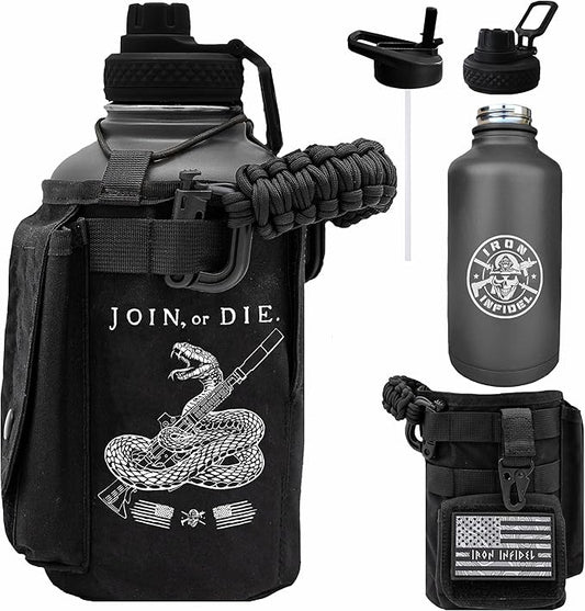 Iron Infidel Battle Bottle - Half Gallon Insulated Water Bottle with Paracord Handle, Large 64 oz Stainless Steel Water Jug with Rugged, Removable Sleeve for Keys, Wallet & Phone (Join or Die 2 Liter)