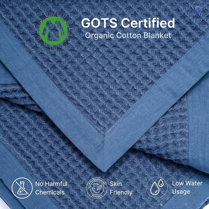 GOTS Certified Organic Cotton Waffle Weave Blanket, King Bed Size,108"X90" Cozy Throw Blanket for Couch, Modern Home Decor, Throw Blankets,Comfy Waffle Blanket Soft Bed Blankets-Navy Blue