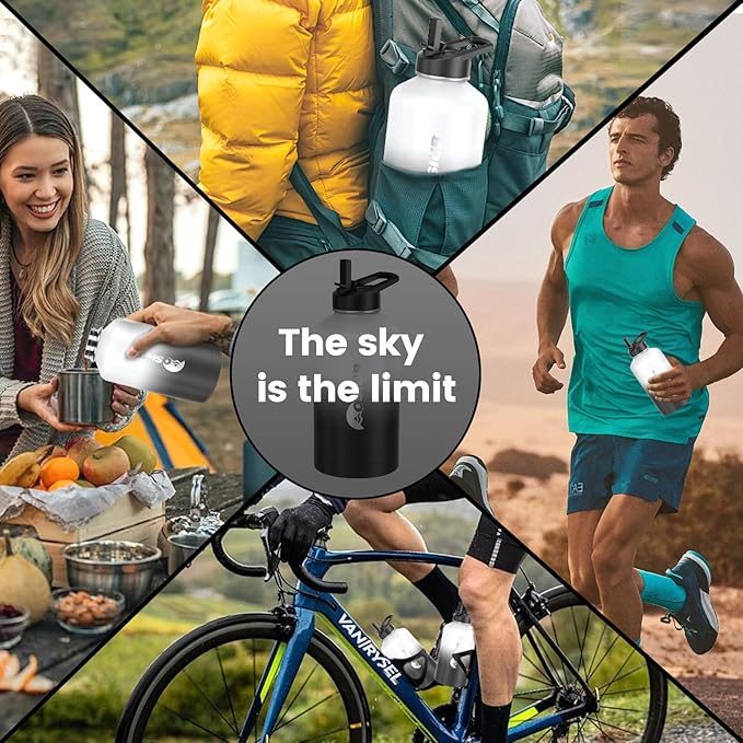 Insulated Water Bottle 64 oz, Triple Wall Vacuum Stainless Steel(Cold for 48 Hrs),Leak Proof & BPA-Free,Half Gallon Water Bottle with Reflective Paracord & Flip Straw for Sports & Travel, DarkGray