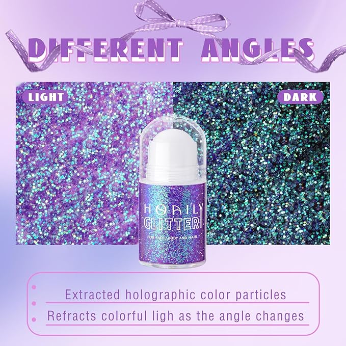 Roll-on Holographic Body Glitter Gel for Face Hair, Chameleon Color Changing Glitter Gel Under Light, Chunky Mermaid Sequins Festival Party Rave Accessories Shimmer Makeup (19# Purple)