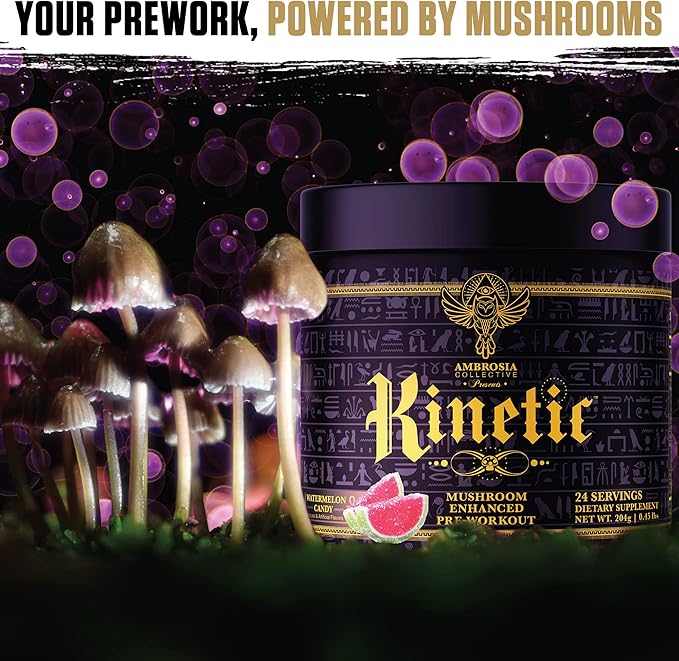 Ambrosia Kinetic Organic Preworkout, Mushroom Enhanced Natural Pre Workout Supplement, Nootropic Superfood Powder for Energy (Watermelon Candy)