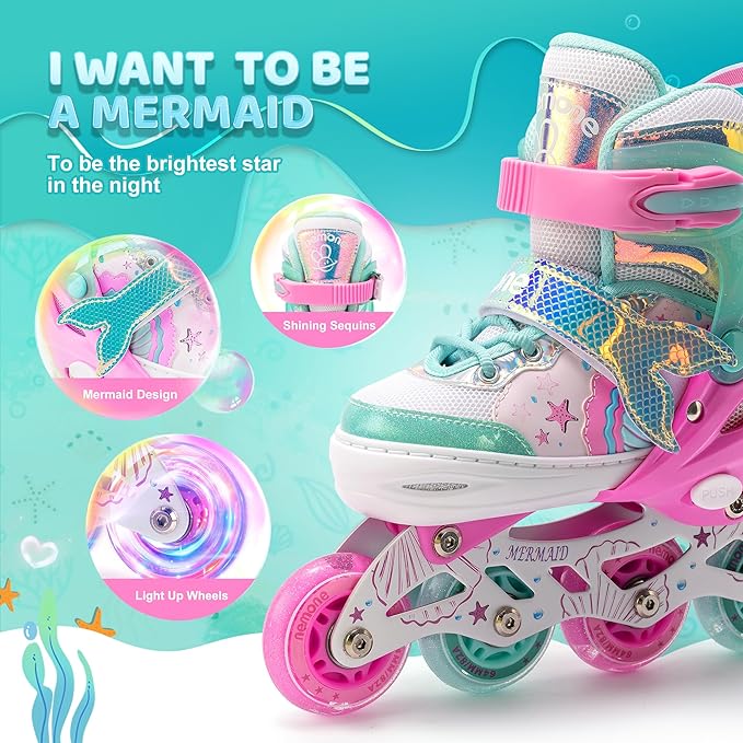 NEMONE Mermaid Inline Skates, 4 Sizes Adjustable Skates for Girls Kids with Light up Wheels, Indoor Beginner Outdoor for Kids Ages 4-6 5-8 6-12 8-12