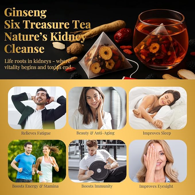 Ginseng Six Treasure Tea - Traditional Kidney Tea for Men & Women, Natural Herbal Formula Bags with 6 Precious Ingredients, Gift for Spouses, Wellness Seekers, Fitness Lovers(1 Pack/25 Bags)