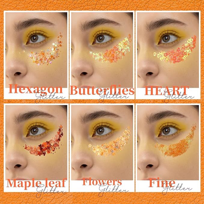 Teenitor Face Glitter, Orange Body Glitter Gel, Holographic Glitter for Face and Body, Hair, Makeup for Festival Party Cheer Makeup