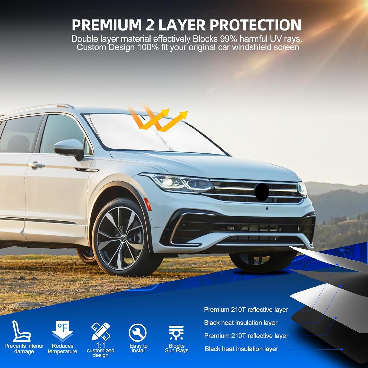 Windshield Sun Shade for Volkswagen VW Tiguan 2018-2025 Foldable Sunshade Custom Fit Front Window Car Interior Accessories Protector Blocks UV Rays