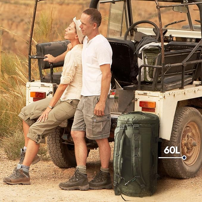 Haimont Large Duffle Bag Backpack for Men Women, 60L Convertible Travel Duffel Bags with Shoes Compartment, Carry on Durable Duffle for Sports Gym Hiking Camping, Water-resistant, Army Green