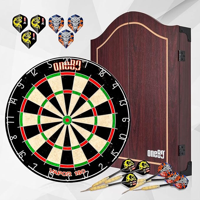 All-in-One Dartgame Center with Self-Healing Sisal/Double-Sided Dartboard & Multifunctional Cabinet 6 Steeltip Darts and Mounting Kit Included