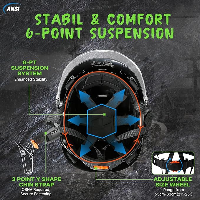 AOLAMEGS Construction Hard Hats for Men - ANSI Z89.1 OSHA Approved Safety Helmets, Black Hard Hat, Adjustable Vented Construction Hat with Clear Visor and Chin Strap, High Impact ABS Hardhats