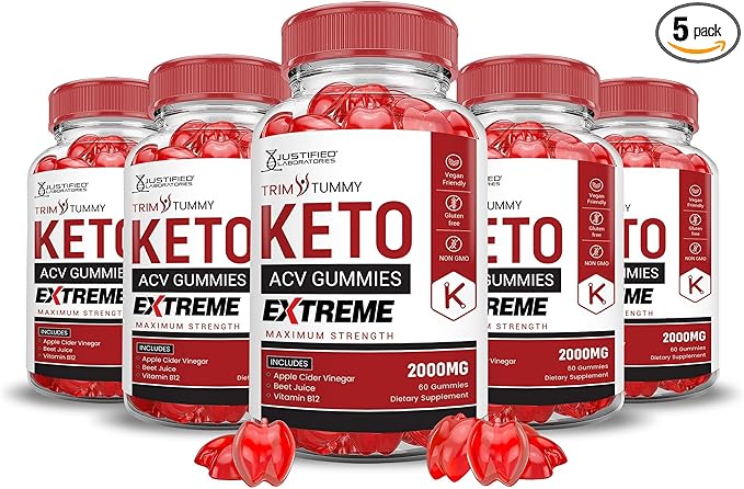 Justified Laboratories (5 Pack Trim Tummy Keto ACV Gummies Extreme 2000MG Trim Tummy Keto Gummies Apple Cider Vinegar Formulated with Pomegranate Beet Juice Powder B12 Vegan Non GMO 300 Gummys