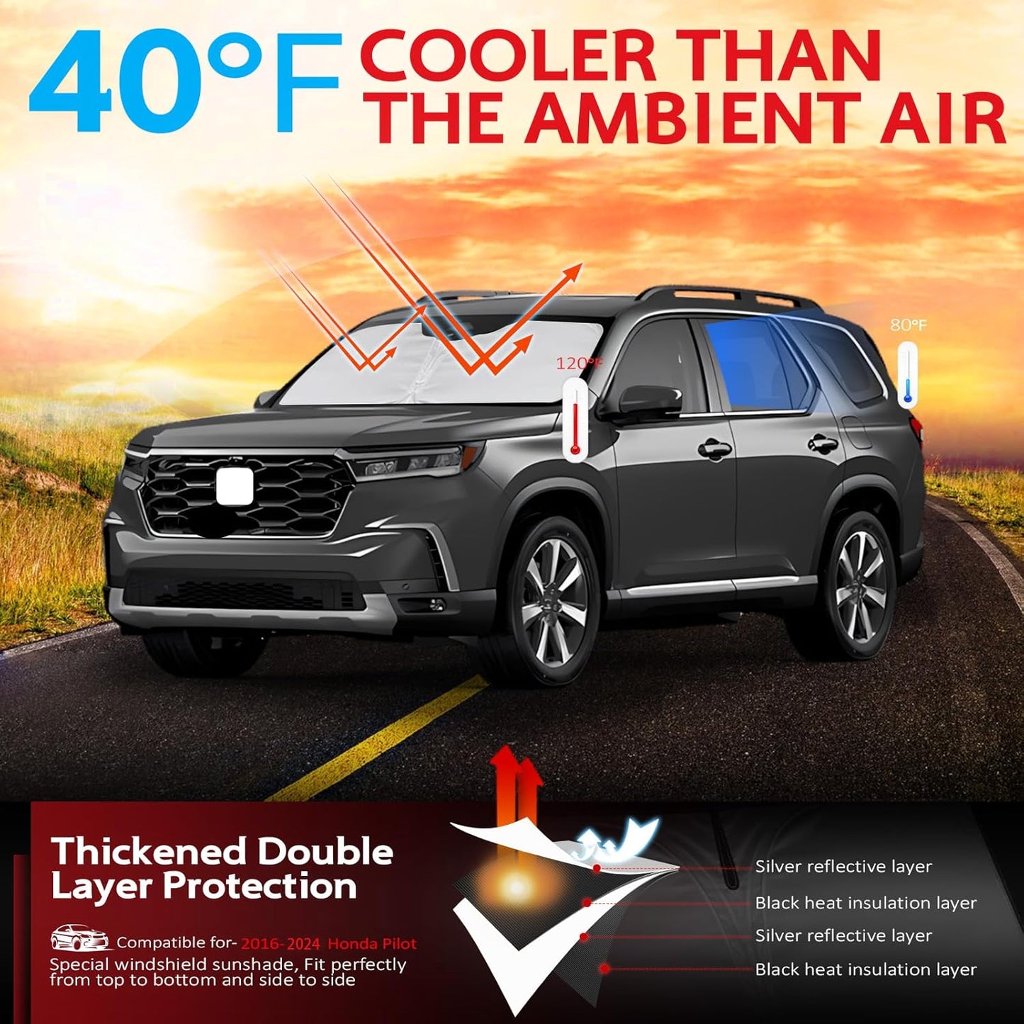 KAYZT Windshield Sun Shade for 2016-2024 Honda Pilot Foldable Sunshade Front Window Custom Fit Car Accessories