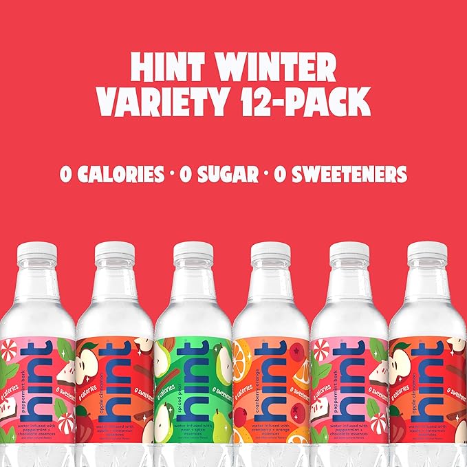 Hint Fruit-Infused Bottled Water, Winter Variety Pack - Sugar Free Flavored Water with Zero Calories, Naturally Flavored, and No Artificial Sweeteners - 16 Fl Oz (Pack of 12)