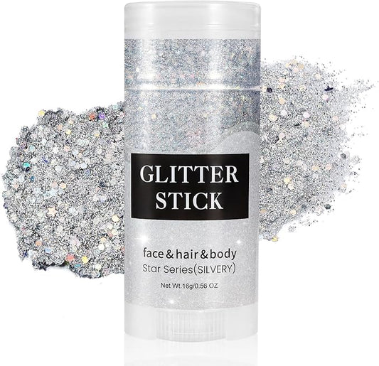 Mysense Silver Body Glitter Stick,Face Hair Glitter Gel for Kids Women,Festival Rave Pride Accessories,Holographic Mermaid Sequin Sparkling Chunky Glitter Makeup,0.56oz