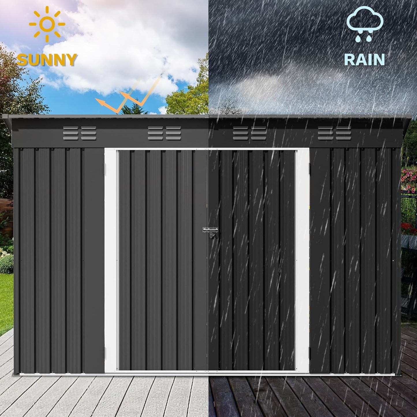 DWVO 9' x 4' Outdoor Storage Shed with Windows, Lockable Double Doors, Sloped Roof, Heavy-Duty Steel Shed for Garden & Patio, Large Backyard Tool Organizer, Dark Gray