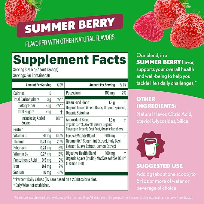 Amazing Grass Sweet Greens and Superfoods Powder for Digestive Health, Greens Powder, Digestive Enzymes, Probiotics, Spirulina, Chlorella, Summer Berry, 30 Servings