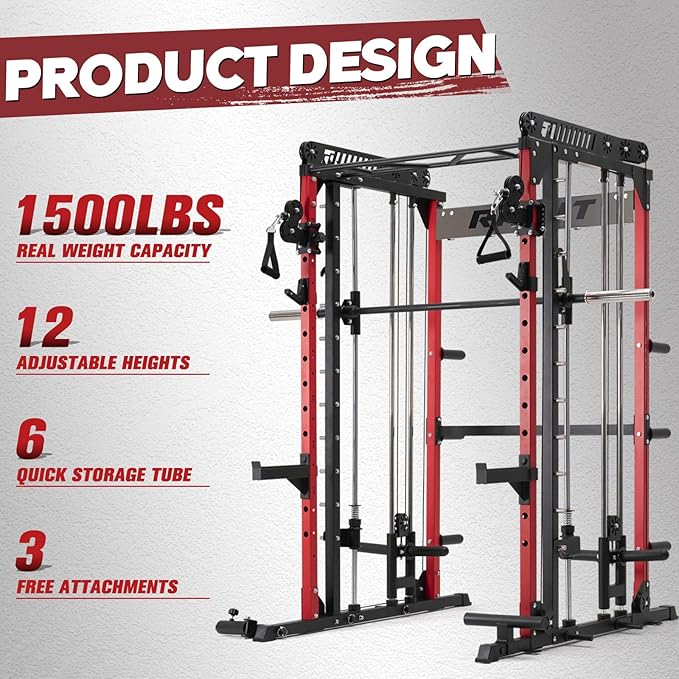 RitFit M1 & M1 Pro Smith Machine with Cable Crossover System, Multi-Function Squat Rack Power Cage for Home Gym, Power Rack and Packages