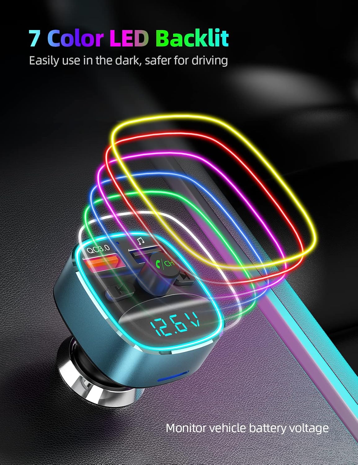 Nulaxy Bluetooth FM Transmitter, Bluetooth Car Adapter with Dual USB Charging Car Charger, MP3 Player Support, TF Card & USB Disk, Hands-Free Calling, 7 Colors LED Backlit Light-Blue