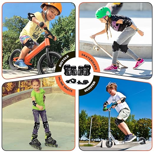 2PM SPORTS Knee Pads for Kids, Wrist Guards Knee and Elbow Pads Set with Drawstring Bag, Protective Gear Set for Girls Boys Roller Skating Cycling Skateboard - Black Medium