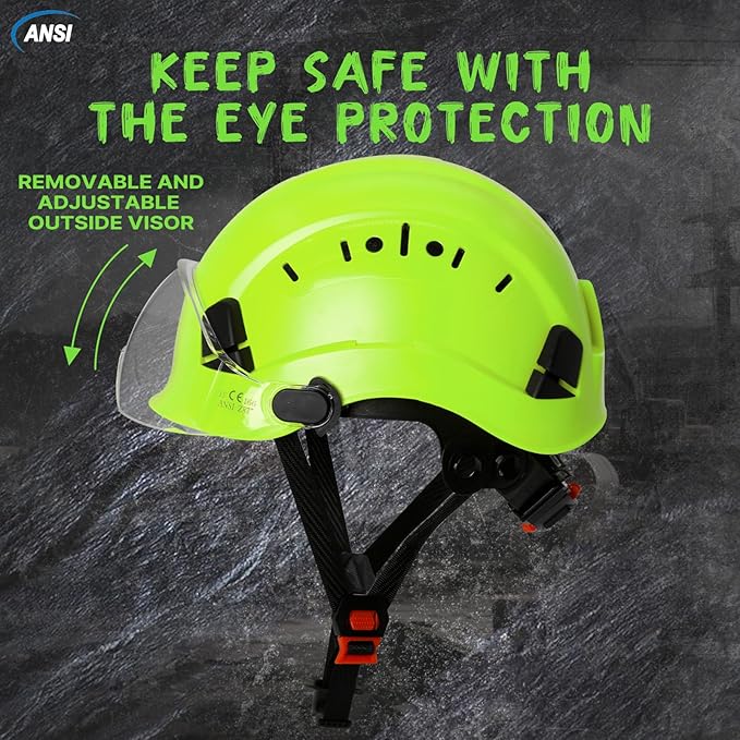 AOLAMEGS ABS Safety Hard Hat - ANSI Z89.1 Approved Safety Helmet with Visor Adjustable Vented Hardhat for Men Women Adults Safety Hardhats for Industrial Construction Work (Bright Yellow Clear Visor)