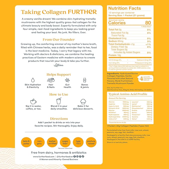 Further Food Vanilla Collagen Peptides Powder Stick Packs, Grass-Fed Pasture-Raised Hydrolyzed Type 1 & 3 Protein, Gut Health + Joint, Hair, Skin, Nails, Paleo Keto Sugar-Free 8.89 oz