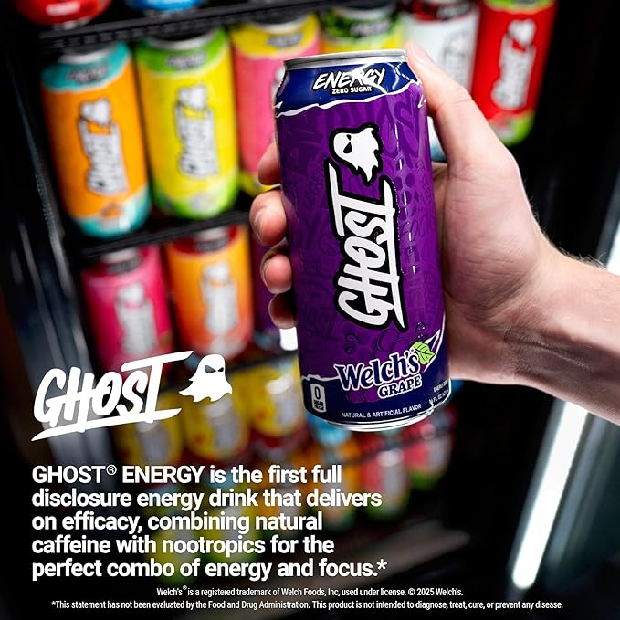 GHOST Energy Drink - 12-Pack, Welch's Grape, 16oz Cans - Energy & Focus & No Artificial Colors - 200mg of Natural Caffeine, L-Carnitine & Taurine - Gluten-Free & Vegan