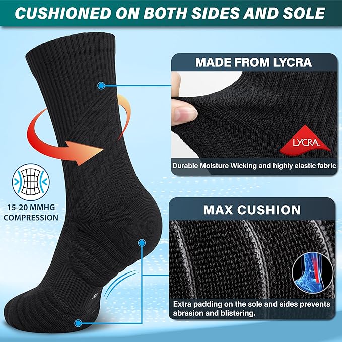 Hylaea Compression Running Socks for men, Coolmax Anti-Blister Cushion Crew Socks for Athletic, Moisture Wicking & Seamless