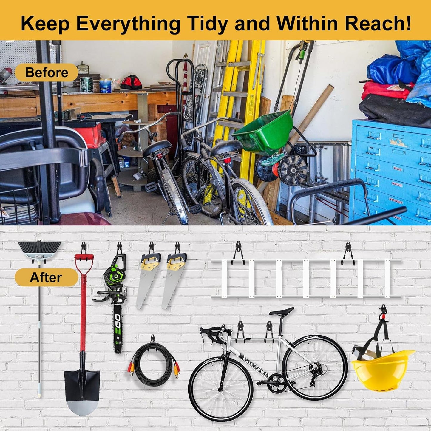 Steel Garage Hooks Wall Tool Organizer, 14 Pack Garage Storage Hook Heavy Duty Utility Storage Hangers Black for Ladders, Ropes, Garden Tools