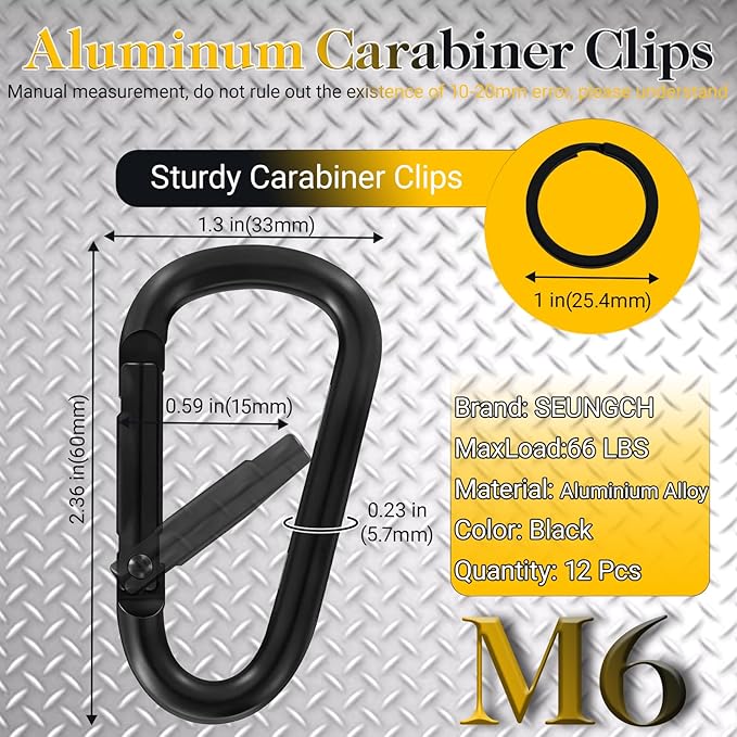 Heavy Duty Aluminum D Carabiner Clips & Key Rings, Black & Sliver Corrosion Resistant Keychain for Keys, Outdoor Sports, Hiking, Camping, Fishing & Hanging Gear